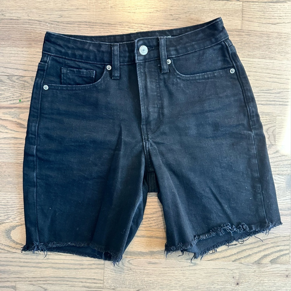 Old Navy Black High Rise OG Straight Long Denim Shorts with Raw Hem